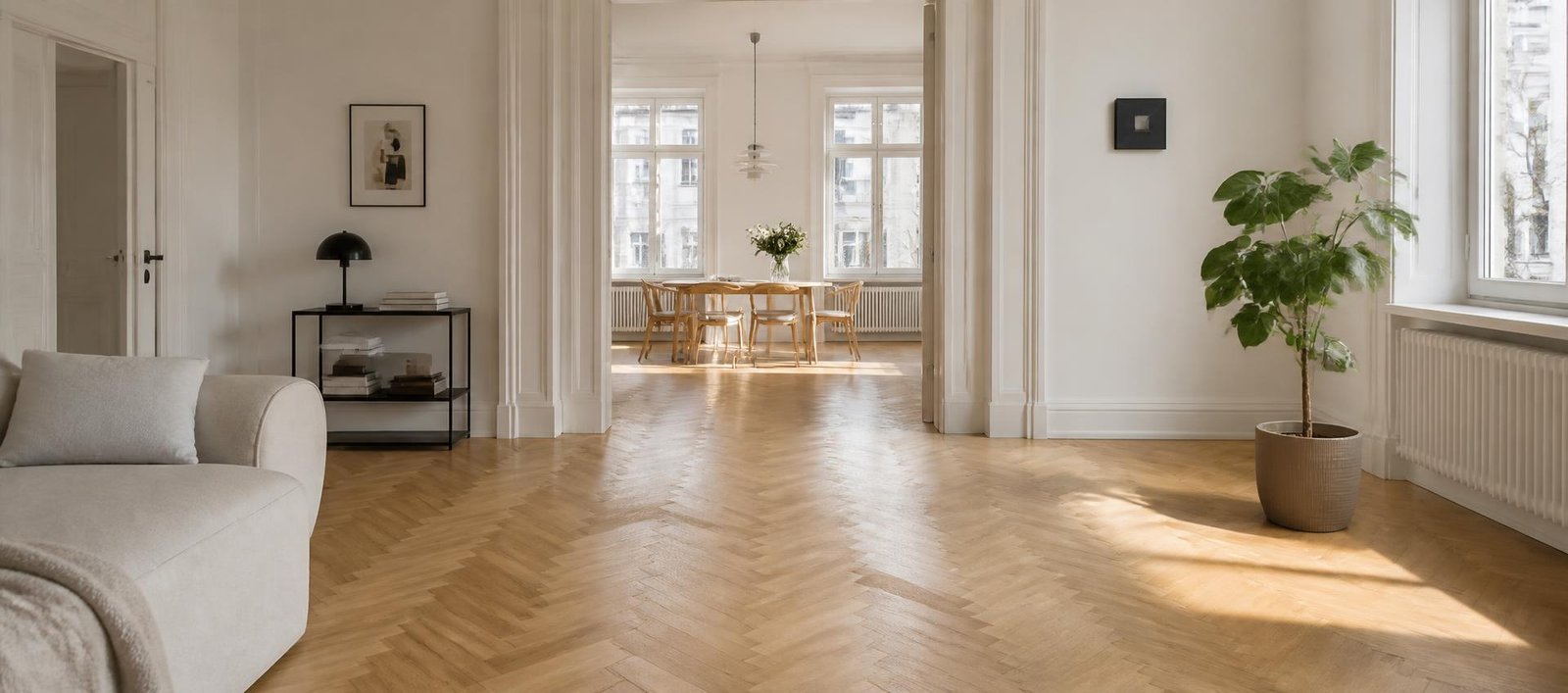 Fischgrätparkett aus Eiche in einer hellen Berliner Altbauwohnung