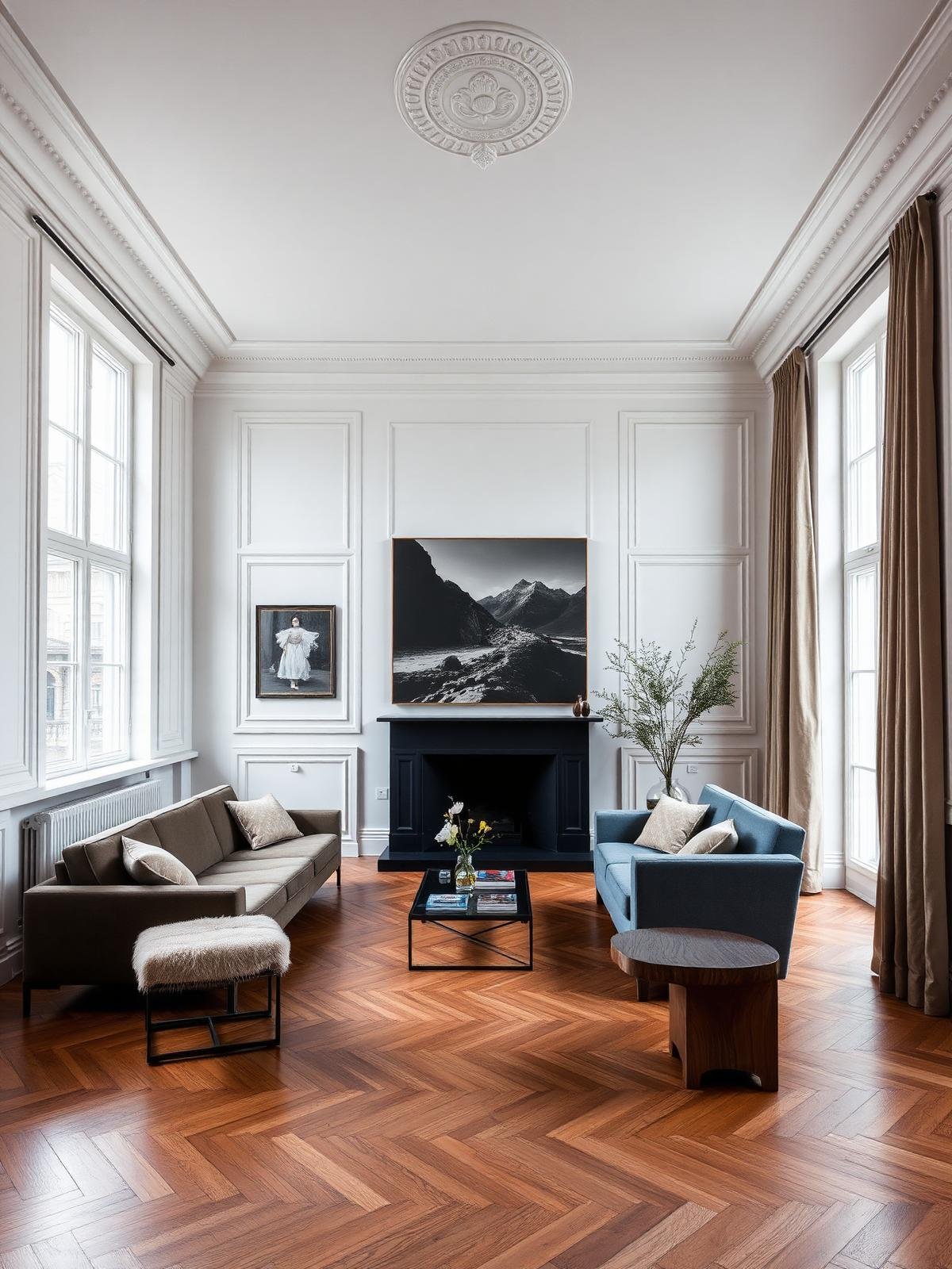 Chevronparkett aus Eiche in einem Berliner Altbau-Wohnzimmer